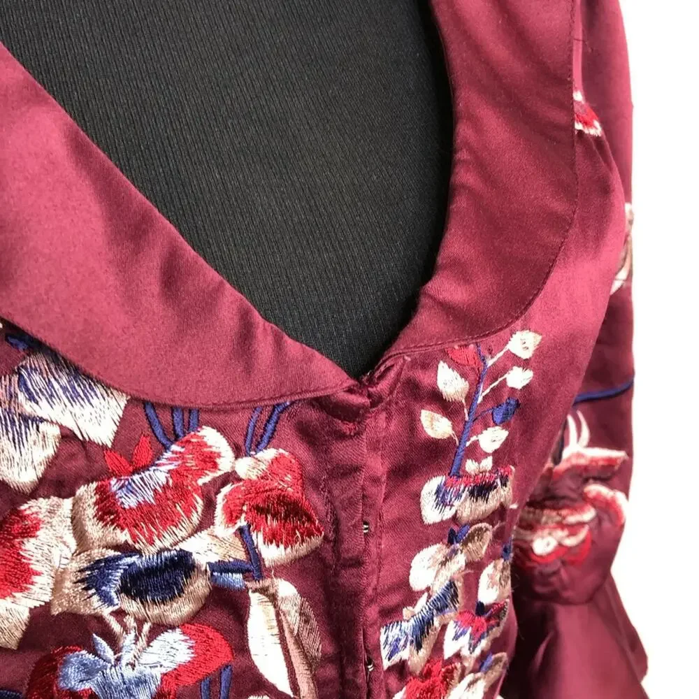 Free People maroon red embroidered floral collared hook front top size Small